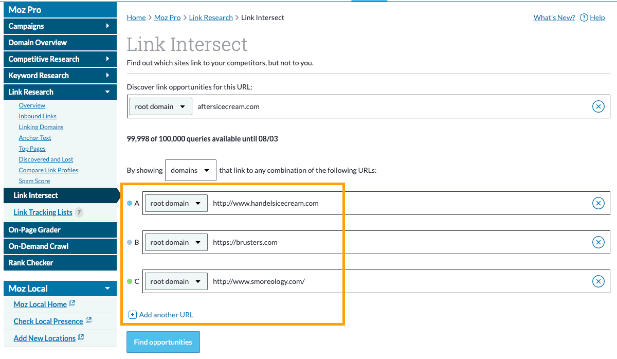 Screenshot of Link Intersect with competitor URLs entered into the tool