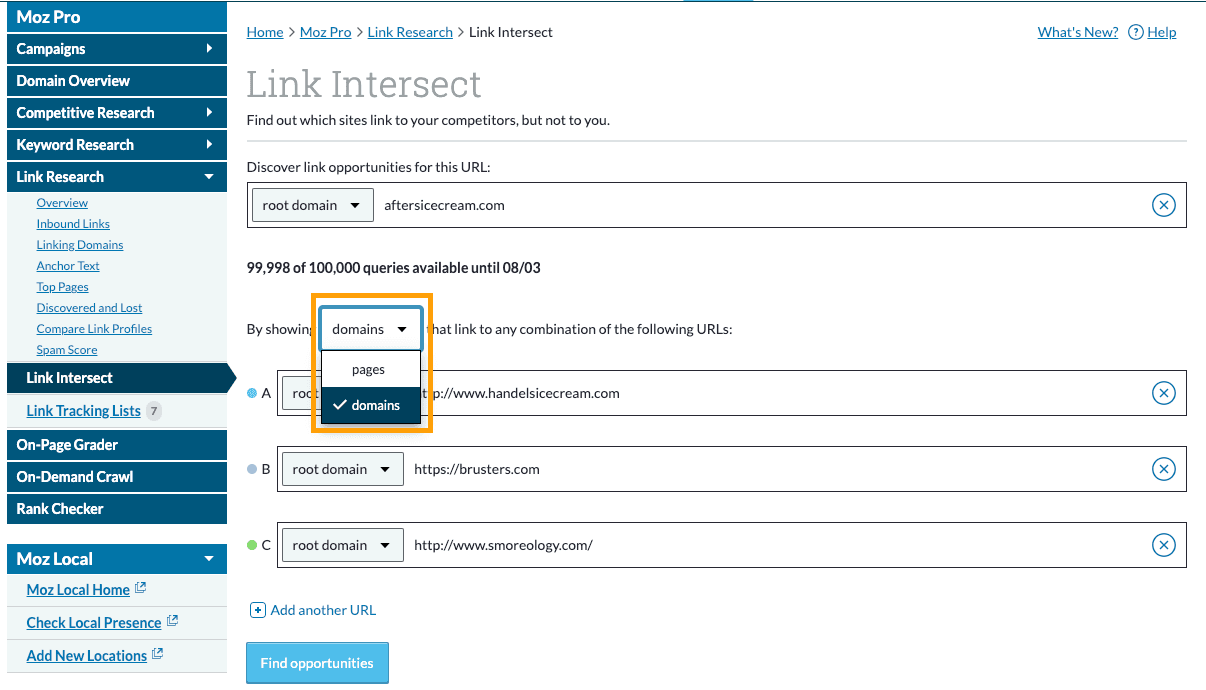 Screenshot of Link Intersect with drop-down menu for competitor URLs open to show options